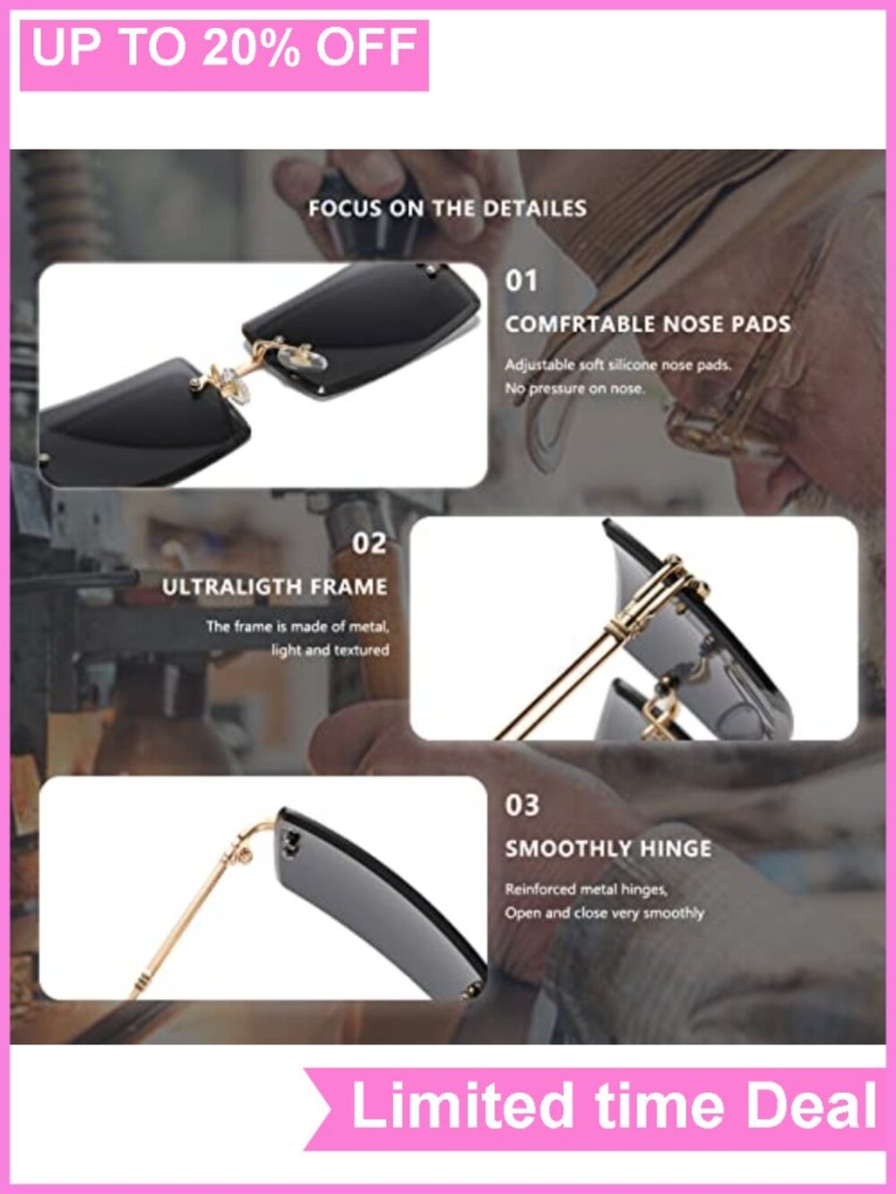 Metal Rimless Retro Square Sunglasses UV400 - Picture 4 of 6